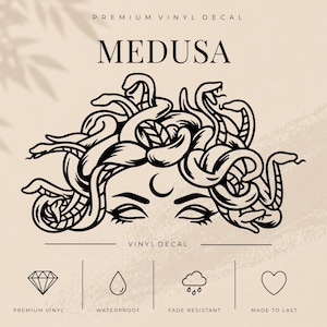 May include: A black and white Medusa vinyl decal. The design shows a stylized illustration of Medusa's face with snakes for hair, a crescent moon, and the text "MEDUSA". The decal is described as premium vinyl, waterproof, and fade-resistant.