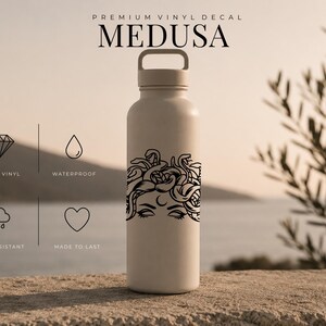 May include: A beige water bottle with a black Medusa design. The text "PREMIUM VINYL DECAL" and "MEDUSA" are printed above the design. Icons indicate the product is waterproof, fade-resistant, and durable.