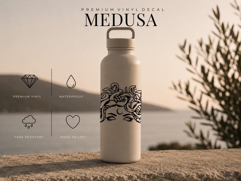 May include: A beige water bottle with a black Medusa design. The text "PREMIUM VINYL DECAL" and "MEDUSA" are printed above the design. Icons indicate the product is waterproof, fade-resistant, and durable.
