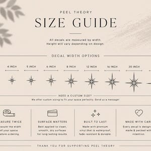 May include: A size guide graphic from Peel Theory, showing decal width options from 7.6 to 61 cm. Includes icons and text about measuring, surface preparation, durability, and care. The background is a light beige with a leaf shadow.