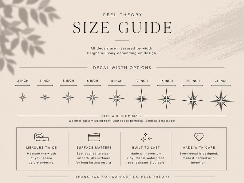 May include: A size guide graphic from Peel Theory, showing decal width options from 7.6 to 61 cm. Includes icons and text about measuring, surface preparation, durability, and care. The background is a light beige with a leaf shadow.