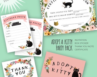 Printable Adopt a Kitty Cat certificate | adoption box label | fill-in invitation | thank you note | Kitten birthday party decor