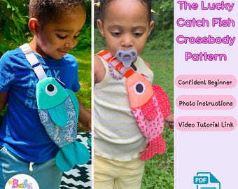 May include: A digital PDF sewing pattern titled The Lucky Catch Fish Crossbody Pattern, featuring instructions for a fish-shaped bag. The image displays two children wearing finished fish crossbody bags in teal and orange fabric designs.