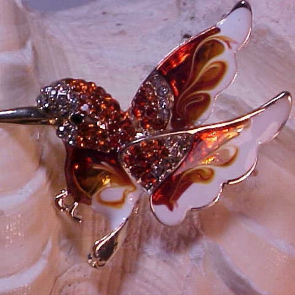 B-193 Attractive Adorable Gold Plated Swirls Of Colors On Enamel FINCH BIRD BROOCH Pin with Colorful Rhinestones On Head & Wings.