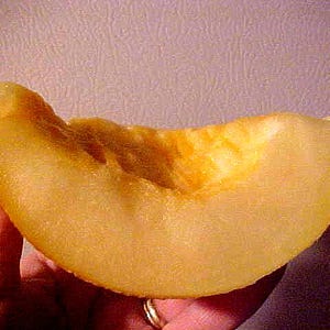 May include: A slice of ripe cantaloupe melon, showcasing a vibrant yellow-orange hue. The melon's flesh is textured, with a slightly rough surface. The image highlights the juicy interior of the fruit, suggesting freshness and a sweet taste.