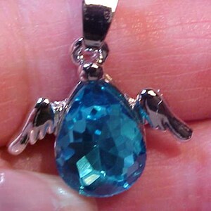 W-113 WOW! Stunning Silver Plated Blue Rain Drop Style Brilliant Luster Cubic Zirconia Crystal WINGED ANGEL Pendant Necklace