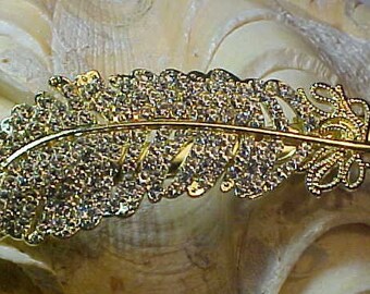 Nice Statement Hair Piece FEATHER Style Gold Plated HAIR CLIP with "Many", 1mm Sparkle Set In Clear Rhinestones.