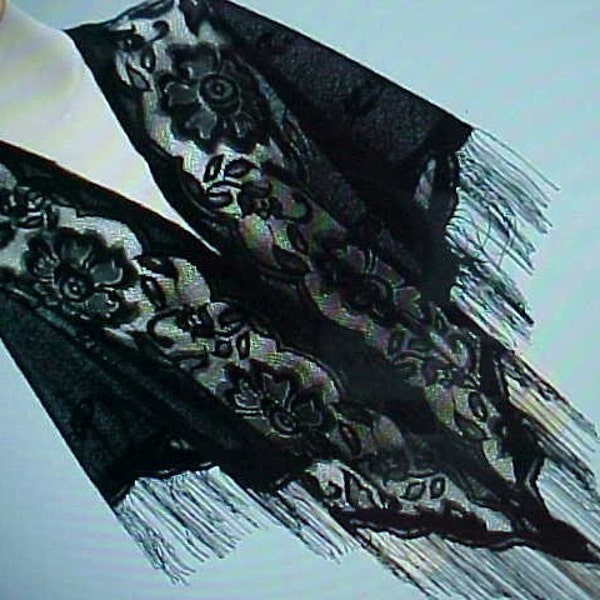 Beautiful Elegant BLACK SHAWL / Wrap Soft Dupatta Fabric, Stunning Embroidered  Flower Design with Tassel Edge Trim (wide 76" BY length 46")