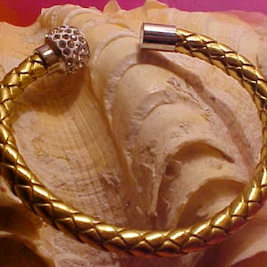 Y-154   GOLD Braided Color Leather BRACELET Stunning Rhinestone Magnetic Clasp Style BRACELET. Easy To Put On :)