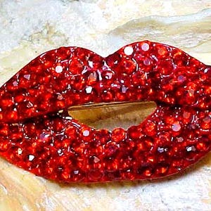 May include: A red rhinestone brooch shaped like a pair of lips.