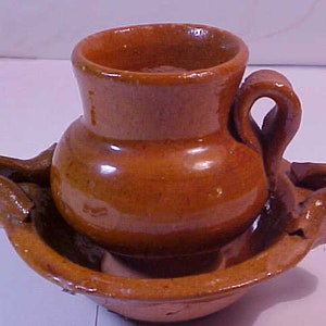 Vintage Antique MINIATURE Pottery PITCHER and BOWL Set Hand Made Crafted  1950s   One-Of-A-Kind   Over 70 Years Old. Please Read Discription
