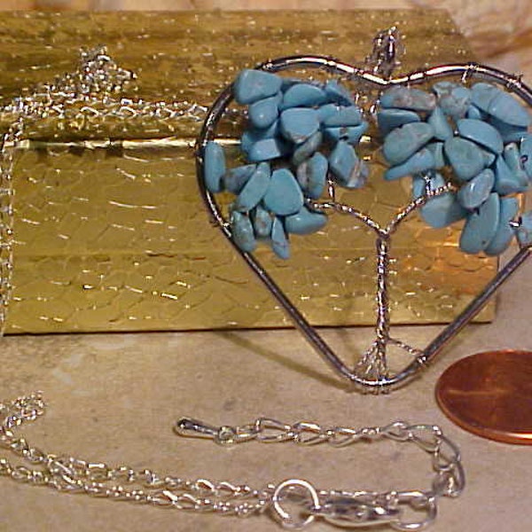 etsy W-116 Gorgeous Tourquoise Gemstone Chips Made Into A Silvertone Wrapper Design TREE OF LIFE Heart Style Pentant Necklace