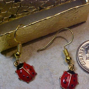 X-219 Charming Cute Sweet LADYBUG Red/Black Gold Ear Hook & Gold Gift Box  Included Add To Your Jewelry Or As A Gift To Give Someone Special