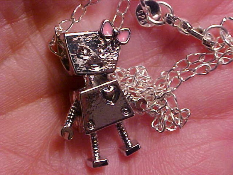 W-238 Very In Vogue Wanted Any Age Style BELLA BOT ROBOT Silver Plated Charm Silver Chain Necklace Chain 18 Length With 2 Inch Extension