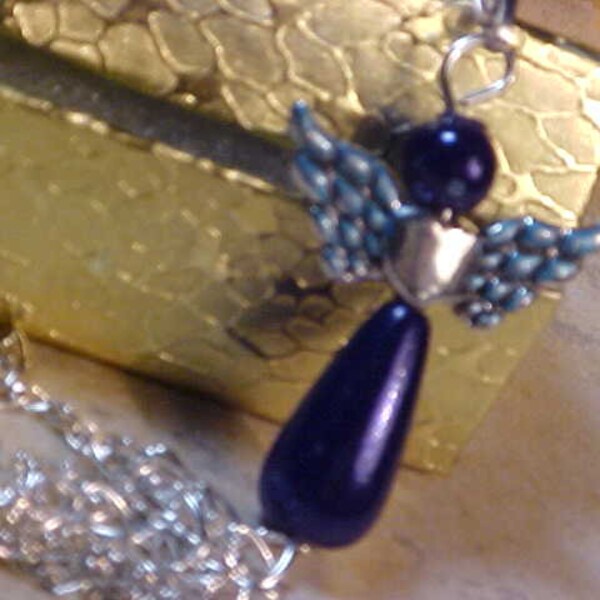 B-Ndb    Nice Guardian Dark BLUE ANGEL NECKLACE.  With Gold Gift Box Included.  Add To Your Jewelry  Or  As A Gift To Give Someone Special