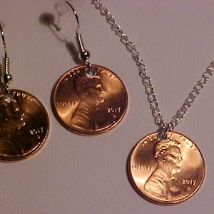 Copper Penny Silver Tone Chain Necklace  &  Copper Pennys Dangle Earrings Jewelry Set    &quot;Pennies From Heaven&quot;  : )   Read Message