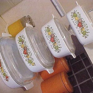 Vintage 1970 STAMPED 10 Piece Set earlier Pattern &quot;French Spice&quot; The Spice Of Life CorningWare Casseroles with Lids & Salt/Pepper Shakers