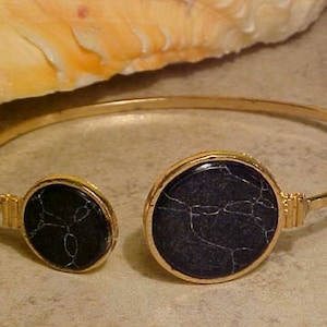 Y-335   Nice Gold Plated Open Cuff With Two Round Black Vain MARBLE Accents BRACELET