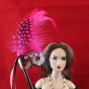 1:6 Black and Pink Hand- Carved Leather Mask on a Stick
