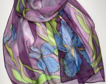 Silk scarf Irises scarf Hand painted Pure silk Handmade Scarf for women Gift for her Gift for Christmas Birthday For mother