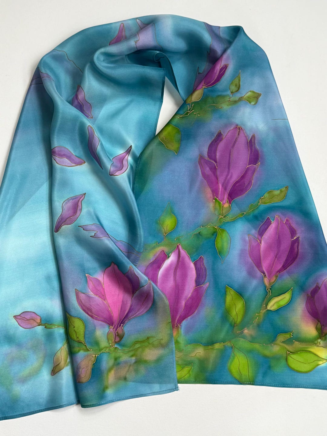 Hand-painted Silk Scarf: Cherry Blossom Serti Art, Blue Green - Etsy