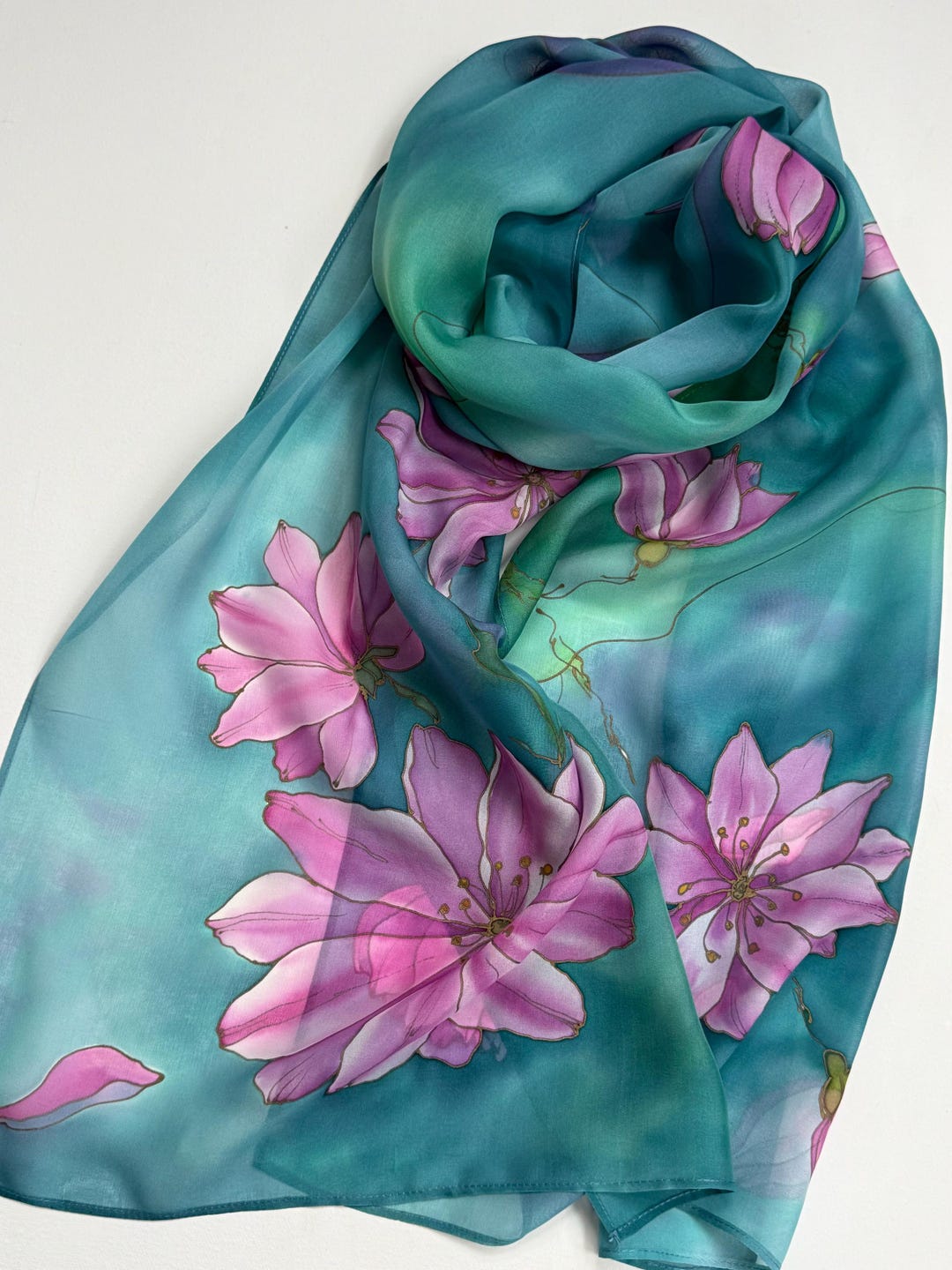 Hand Painted Silk Scarf: Teal Pink Sakura Blossom - Etsy