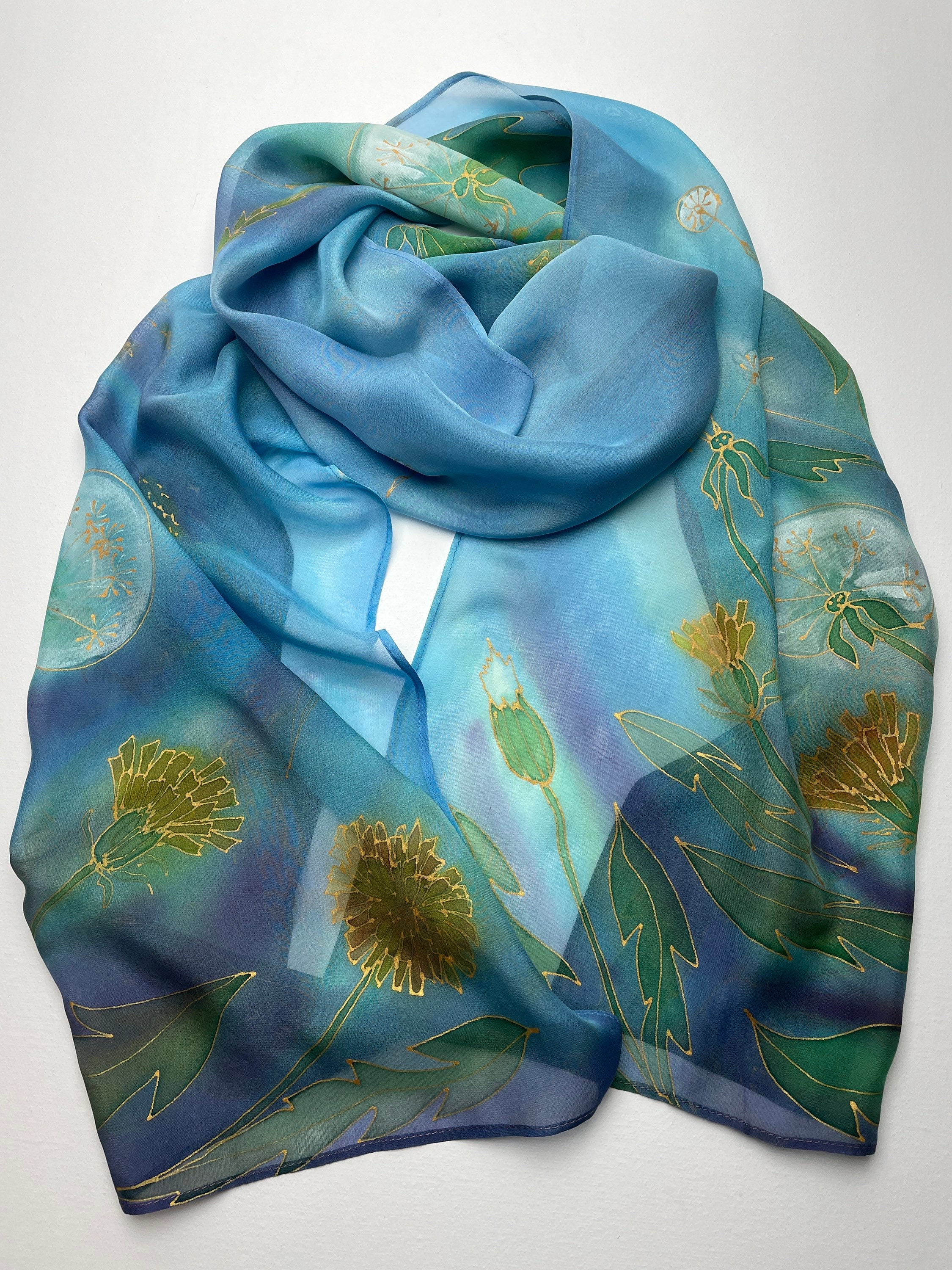 Dandelions scarf Women Pure silk Handmade Hand painted | Etsy