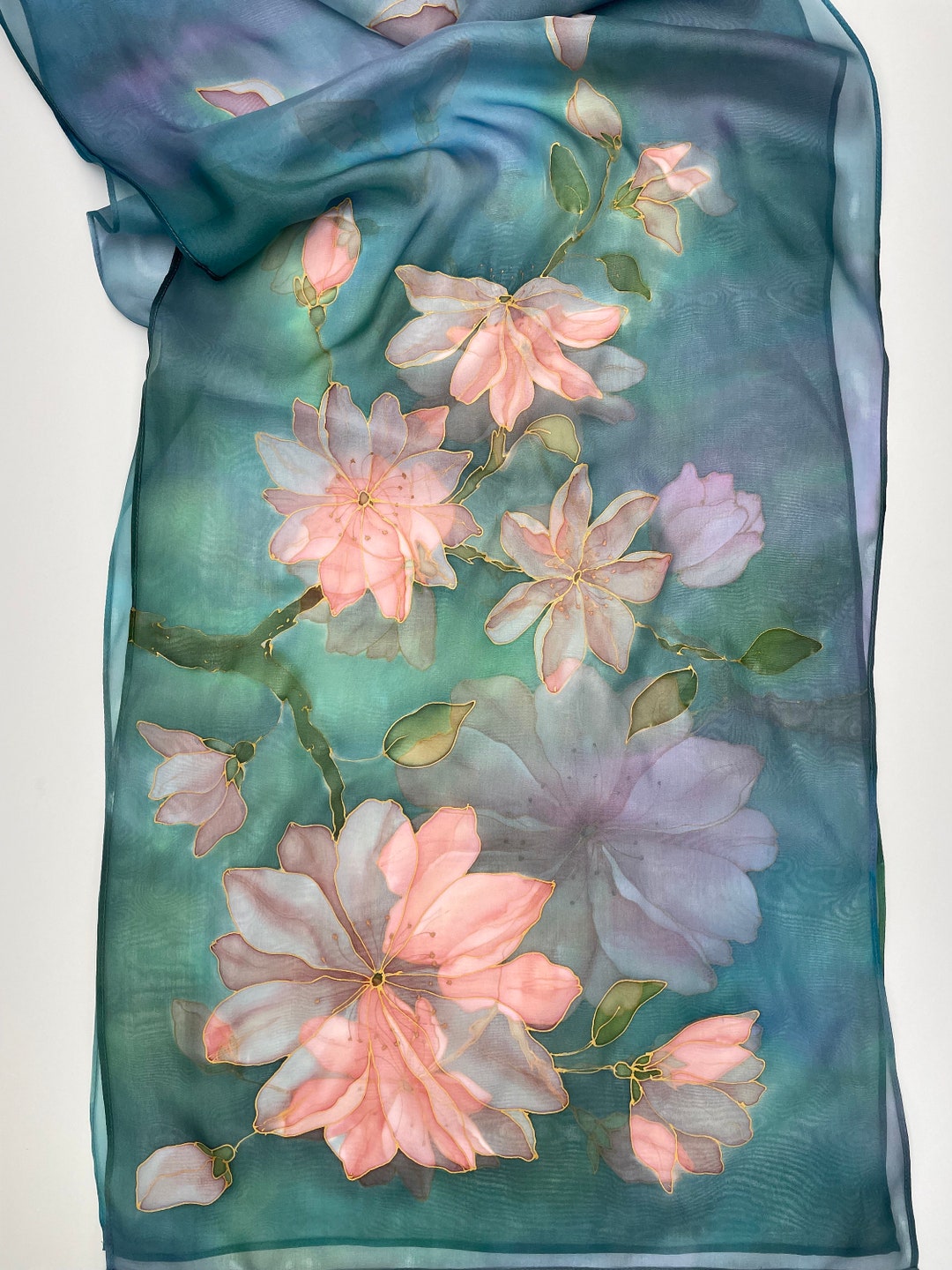 Silk Scarf Women Hand Painted Pure Silk Cherry Blossom Sakura Teal Pink ...