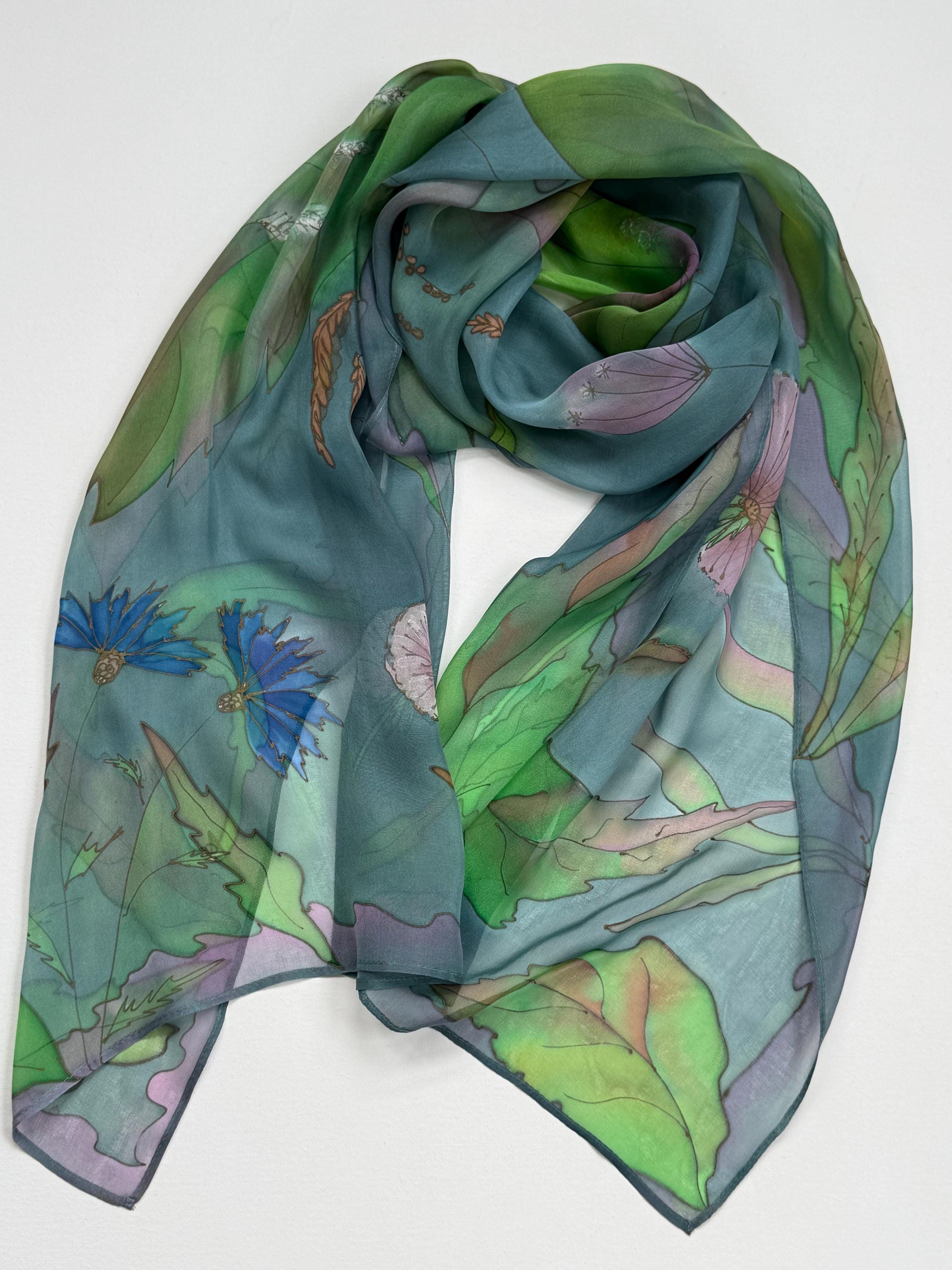 Hand Painted Teal Silk Scarf - Floral Chiffon Wrap - Etsy