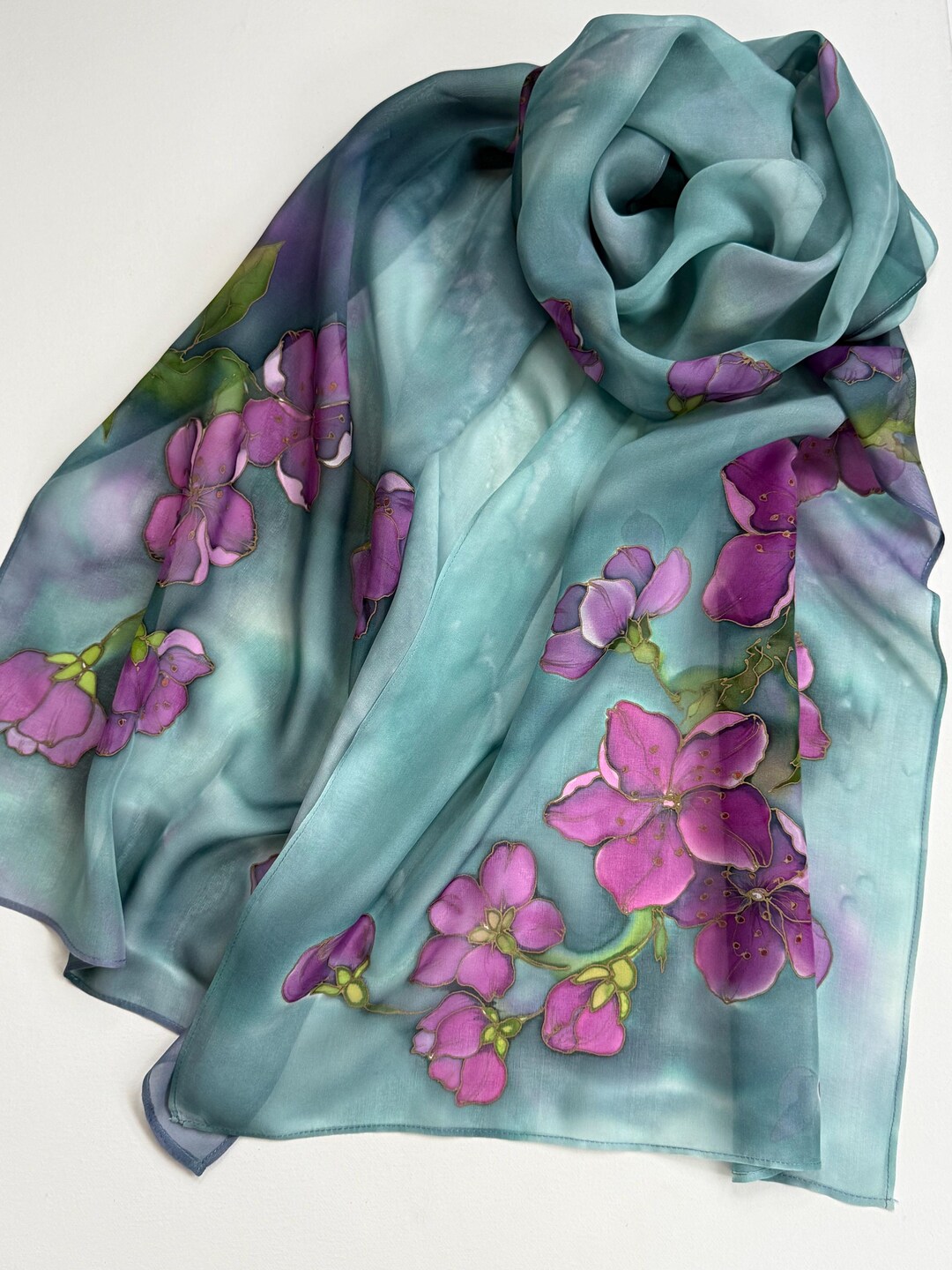 Hand Painted Silk Scarf: Teal Pink Cherry Blossom, Serti Art - Etsy