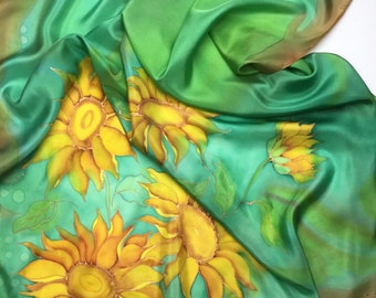 Silk scarf square Sunflowers Hand painted Square neck scarf Handmade Pure silk Gift for her  Birthday Anniversary Mother
