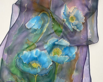 Blue poppies chiffon scarf Pure silk scarf Hand painted Lavish Cocktail Dress Blue green scarf Gift for her Birthday Mother Wedding