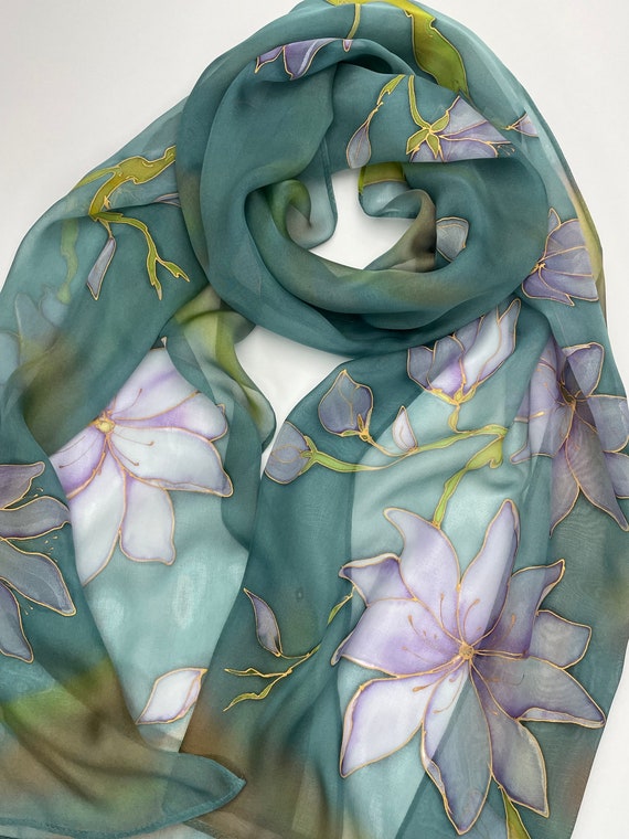 Silk scarf Women Hand Painted Dusty blue Neutral Pastel Teal Dress Cherry blossom scarf Sakura Silk wrap Gift for her Mother Birthday