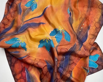 Silk scarf Women Hand painted scarf 100% pure silk Irises scarf  Bright Orange Gift for women Gift for Mother Birthday gift Gift for her