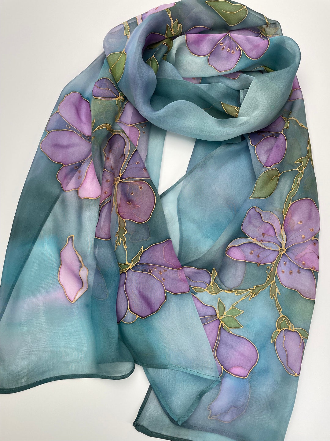 Hand Painted Silk Chiffon Scarf: Teal Pink Cherry Blossom - Etsy
