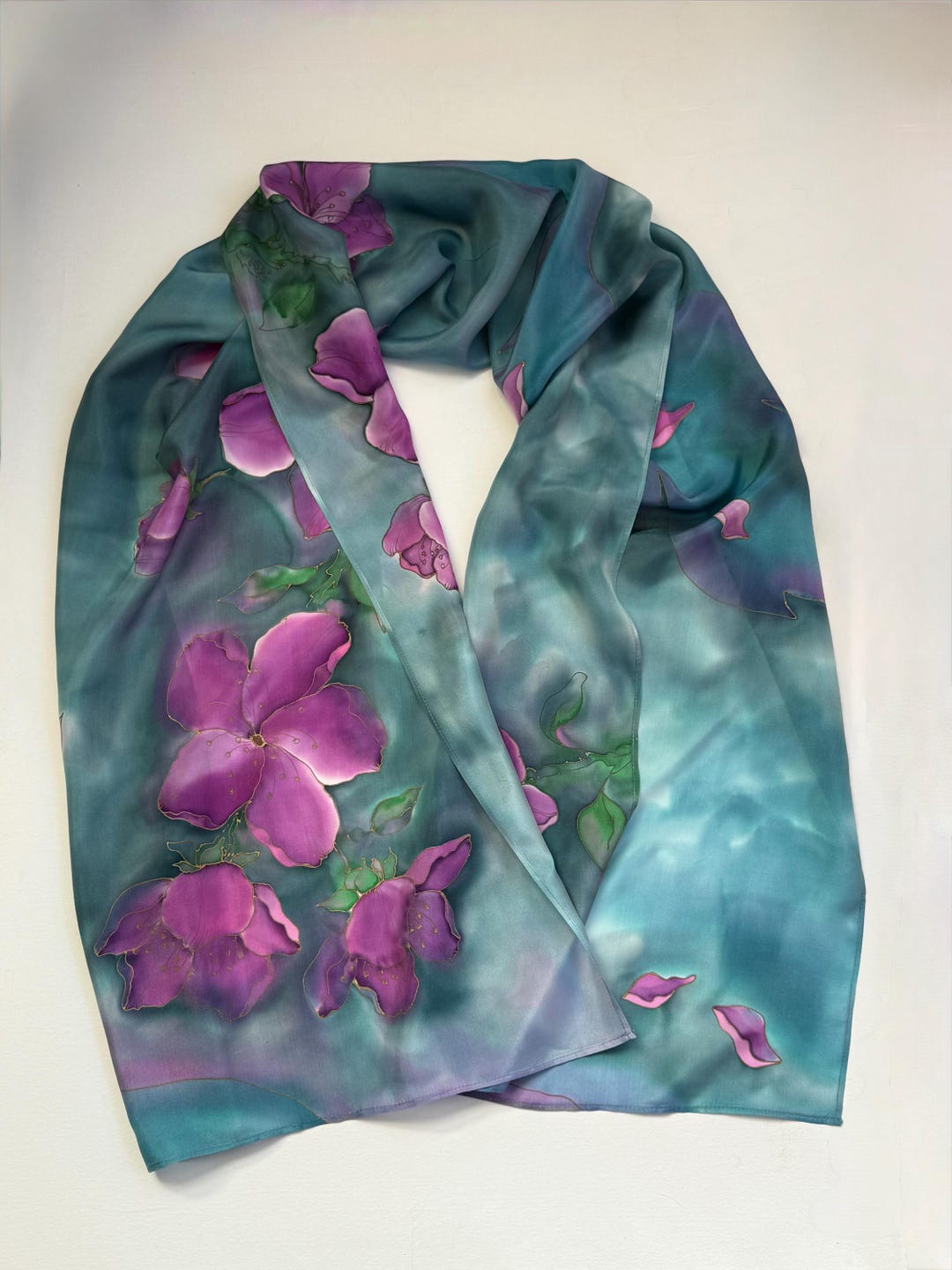 Hand Painted Silk Scarf: Teal Blue Cherry Blossom - Etsy