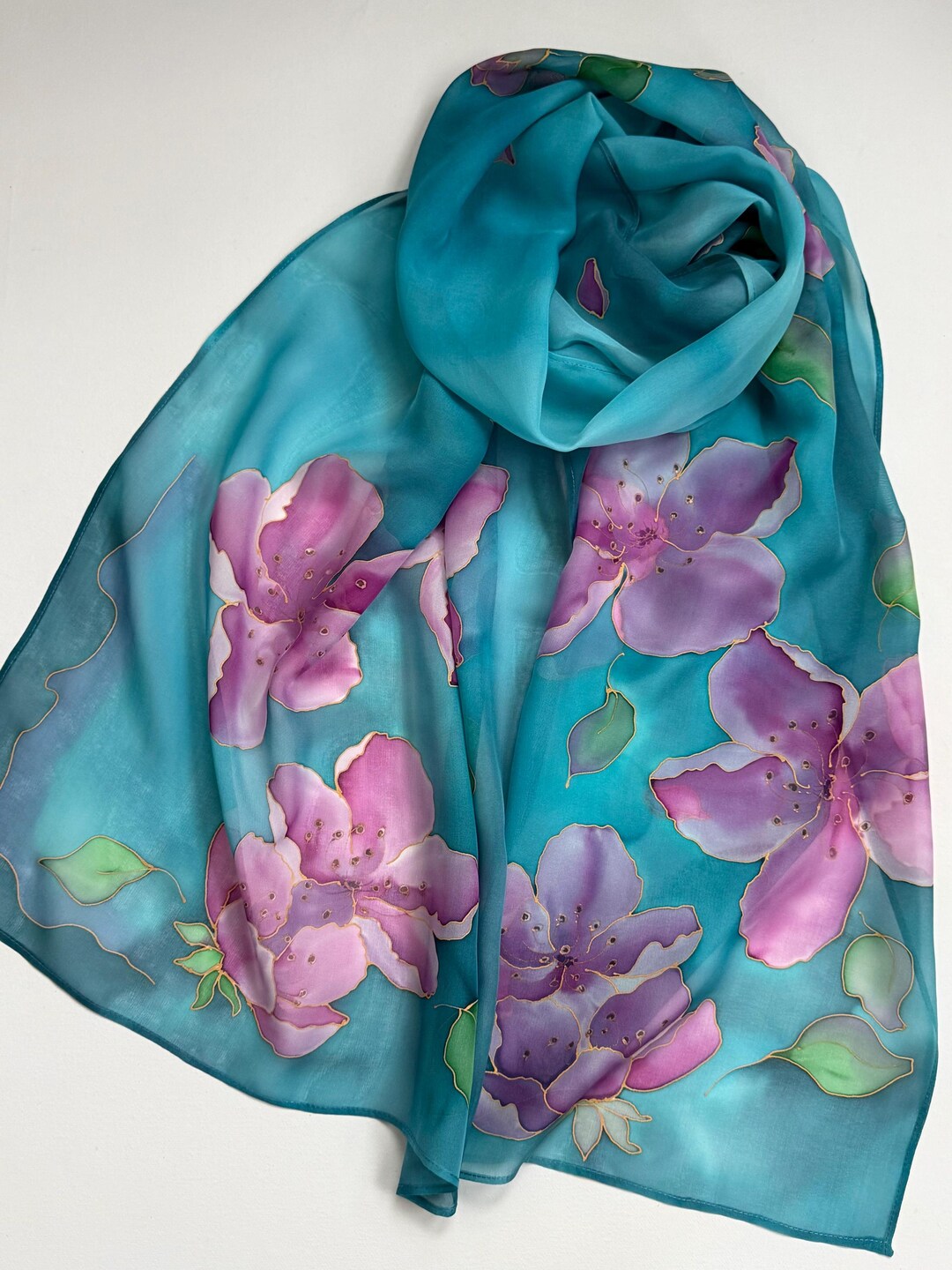 Hand Painted Silk Scarf: Turquoise Cherry Blossom Shawl - Etsy