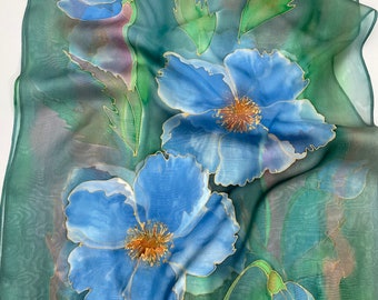Blue poppies chiffon scarf Pure silk scarf Hand painted Lavish wrap Blue green scarf Gift for her Birthday Mother Women Christmas Wedding