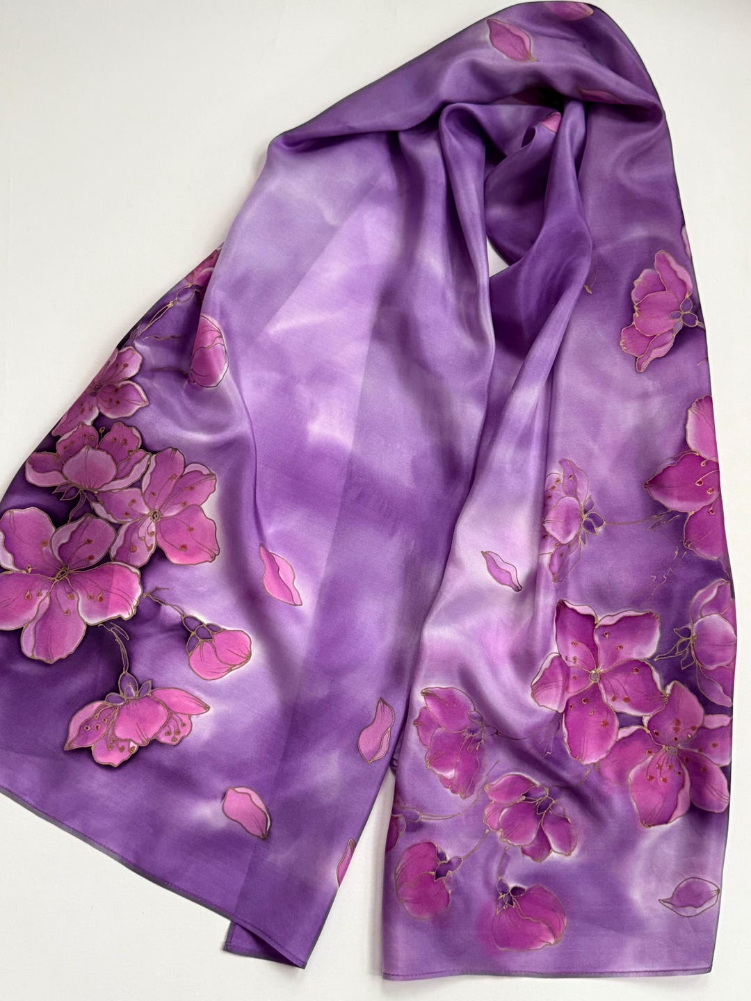 Hand Painted Silk Scarf: Violet Cherry Blossom, Wearable Art - Etsy