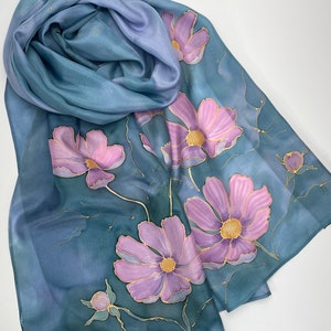 Teal silk scarf Women Hand painted Pure 100% silk Cosmos flowers Cocktail Dress Pastel Neutral Gift for her Birthday Mother