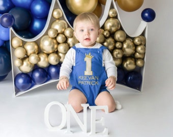 Baby Boy Cake Smash Romper Royal Blue & Gold 1st Birthday Spanish Style Romper - Metallic Gold Glitter One and Personalised Outfit