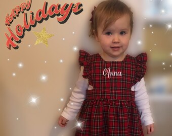 HandmadeThe Jolly Holly Tartan Pinafore Dress Flutter Ruffle Sleeve Plaid Dress sizes Newborn - 10 Years Perfect Christmas Outfit