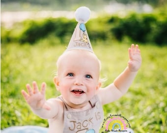 Up up and Away on Pooh's Blustery Day Party Hat - Classic Pooh & Piglet with Big Balloon 1st Birthday Hat|Photo Prop Linen Party Hat Prop