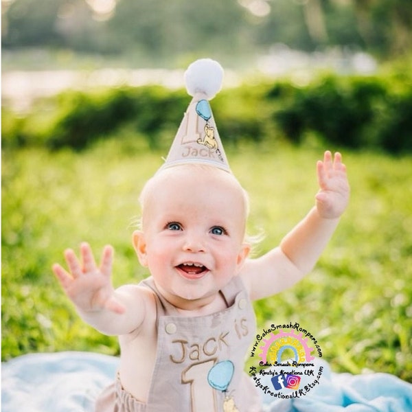 Up up and Away on Pooh's Blustery Day Party Hat - Classic Pooh & Piglet with Big Balloon 1st Birthday Hat|Photo Prop Linen Party Hat Prop