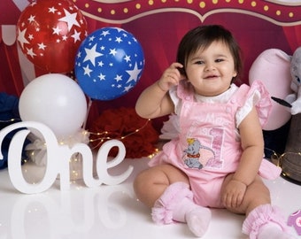 Pink Girly Dumbo 1st Birthday Cake Smash Outfit - Handmade Personalised embroidered first birthday romper, ideal for photoshoots and parties