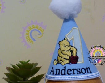 Classic Winnie the Pooh Birthday Hat - Vintage Bear inspired 1st Birthday Party Hat Personalised Made to Order Cake Smash Outfit Accessories