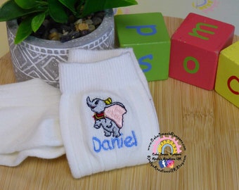 Baby & Childrens Dumbo Personalised Sock Set - Cotton Rich Embroidered Knee High Sock with Child's Name Monogram White Sock High Boy