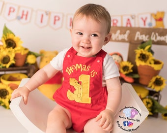 Winnie the Pooh 1st Birthday Outfit - Handmade Romper with Classic Disney inspired design. 1st Birthday Romper ideal for photos