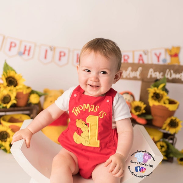 Winnie the Pooh 1st Birthday Outfit - Handmade Romper with Classic Disney inspired design. 1st Birthday Romper ideal for photos