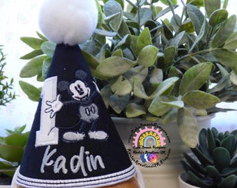 Vintage Black and White Mickey Mouse Personalised Birthday Party Hat - 1st Birthday Milestone Marker Birthday Hat Photo Prop